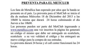 Preventa entradas Metallica marzo 2014 en Quito